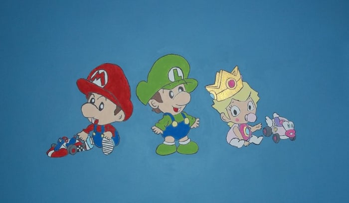 Here is a final image of the Mario characters. Most of the colors are the same used for the Muppet mural. The gold paint for Baby Peach's crown had a shimmer to it.