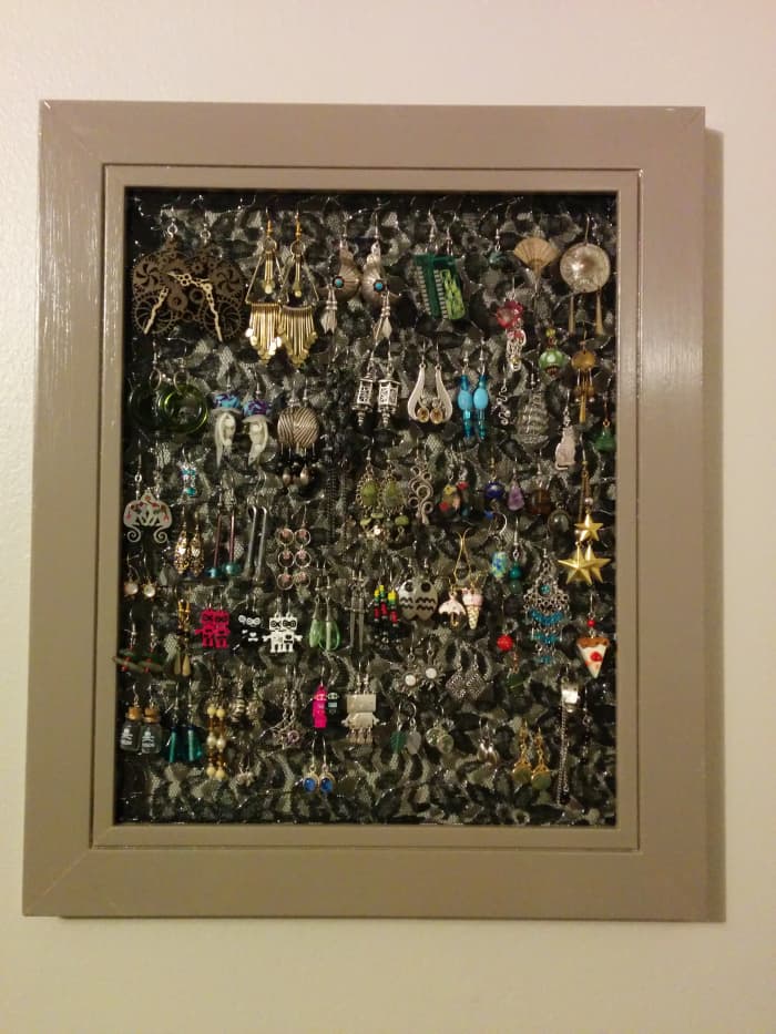 My new earring organizer. Can be hung vertically or horizontally, but I prefer it this way.