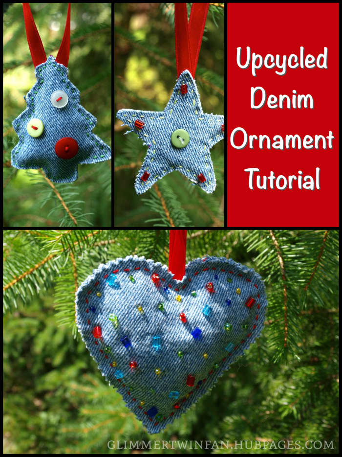 These upcycled ornaments are cute for any occasion, not just Christmas, and are made from recycled denim. They are a great craft to repurpose old blue jeans.