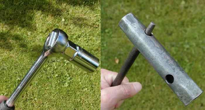 Two styles of plug wrench: Socket wrench and box wrench/spanner.