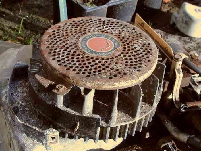Engine flywheel, visible when the cowling or cover over the mower is removed.