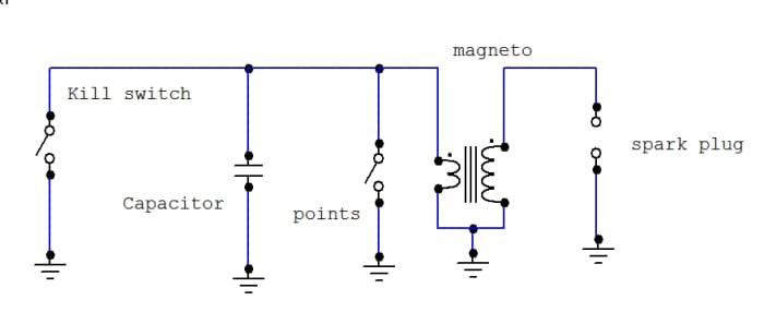 Schematic of lawn mower ignition circuit with mechanical points. The points are connected to the primary of the magneto, the spark plug to the secondary.