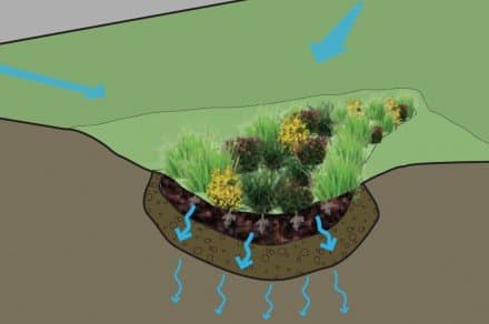 No pipes or swales are needed to guide rainwater if it already follows a path to a lower area of a property.
