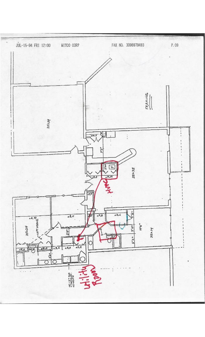 Floor plan with changes in red that I would make. Moving doors and small wall would restore to original plan with master suite.