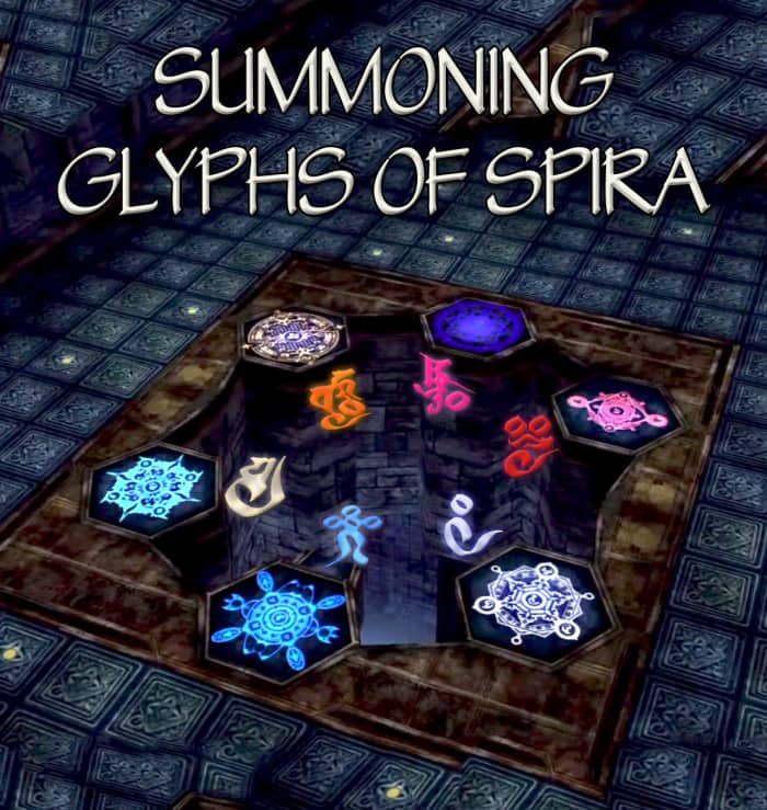 All the summoning glyphs lit up in Zanarkand's Cloister of Trials. I've added the corresponding sign.