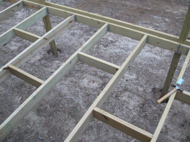 Overhead view of the deck framing. It's funky looking now but I can jump on it and it doesn't budge.