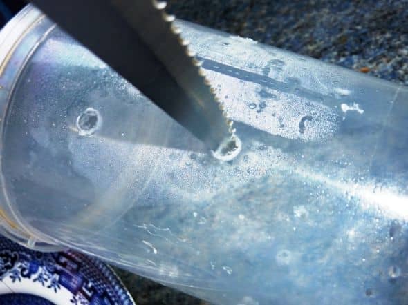 Boring a hole from the outside of container creates burrs, or sharp edges, on the inside surface of the hole, discouraging the leeches from crawling out. This can be done using a steak knife. Holes should vary in size from 2-5 mm.