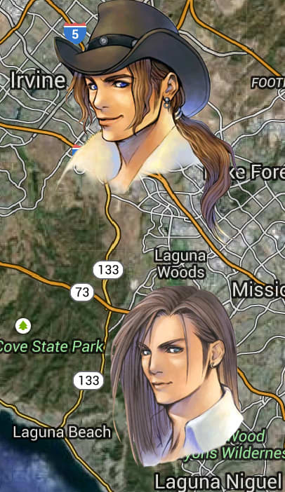 Irvine (formerly a ranch) and Laguna Beach in Southern California evidently inspired the names of Irvine Kinneas and Laguna Loire in FFVIII. There used to be a Squaresoft office in Costa Mesa, the next city to the NW of Irvine.