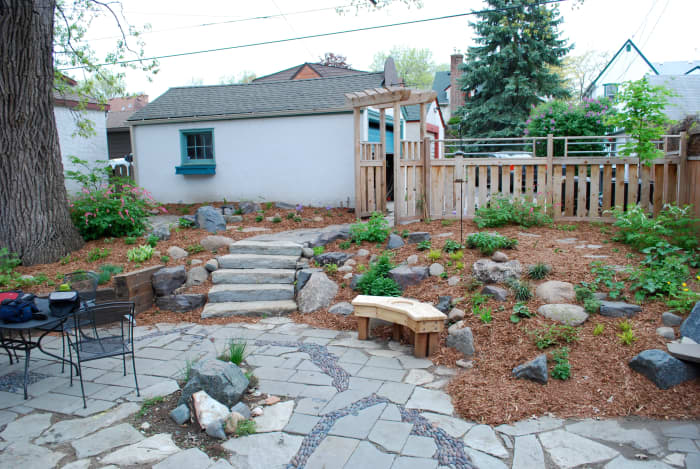 Mulch, rocks and stairs.