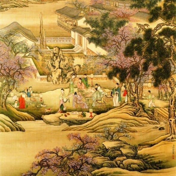 This image is a segment of the painting "Evening Banquet at the Peach and Pear Blossom Garden" by Leng Mei from the National Palace Museum, Taipei.