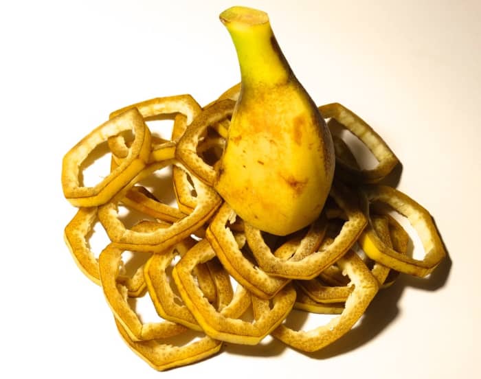 Chopped banana peel ready to be soaked.