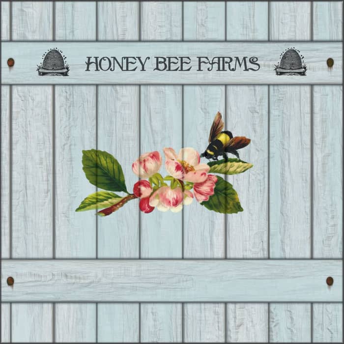This charming wood sign displays the name Honey Bee Farm with appropriate graphics of bee hives and a bee with some flowers.
