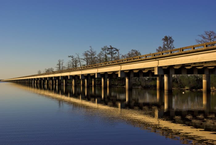 One of the main southern routes running west of New Orleans, the I-10 spans the Bonnet Carre Spillway at Lake Pontchartrain.
