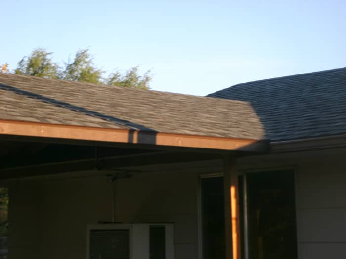 The style of roof eventually chosen. The bottom edge matches up with that of the garage roof.