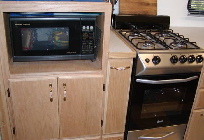 Microwave cabinet in an RV.
