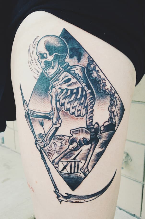 an interpretation of the death card from the tarot of marseille deck... done by emmanuel mendoza at ironcald in troy, mi.