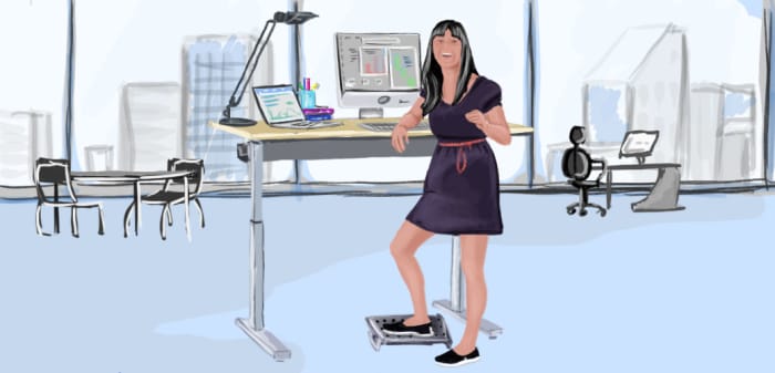 Try to stand up and move as much as possible. Frequently stand up to walk, and consider getting a standing desk.