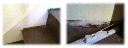 Above left, staircase subsidence caused by deterioration of the supporting floorboards and to the right, a rotten skirting board.