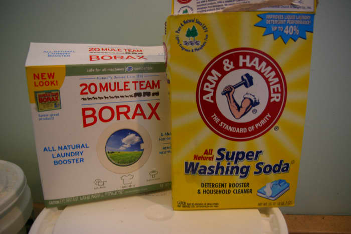 Use borax and washing soda in the laundry detergent. Baking soda will be slightly less effective in cleaning, but it will be safer for sensitive skin.