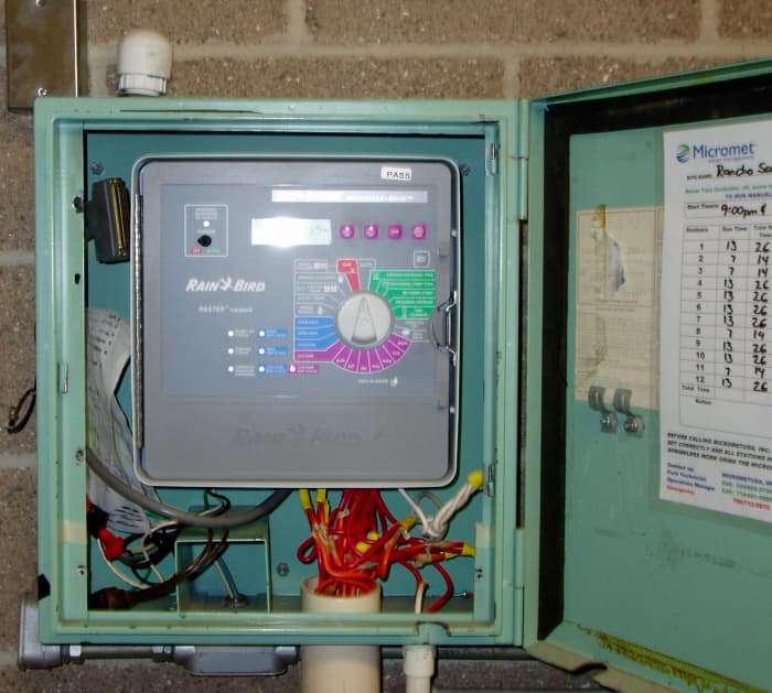 This controller times the irrigation for a school landscape. It can accommodate a number of stations and their schedules.