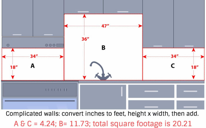 For the sq.ft. of areas A & C, divide 34 by 12 (4.24), divide 18 by 12 (1.5), then multiply: A & C are 6.36 sq.ft. For area B: divide 47 by 12 (3.91) and 36 by 12 (3), then multiply. B = 11.73. Add all three: 4.24+11.73+4.24 = 20.21 total sq. feet.