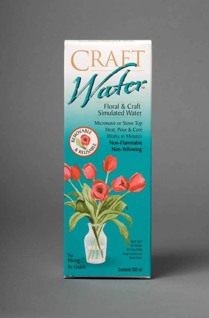 Craft water is a gel that looks just like real water but can be removed and re-used as desired. This allows you to change out your silk flower arrangements and save that expensive vase. Great for changing out colors to match the seasons.