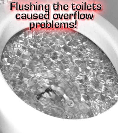 Roots clogged the main drainpipe causing all of the plumbing fixtures to back up and overflow! Be sure to test flush all of the toilets before cleaning thing up.