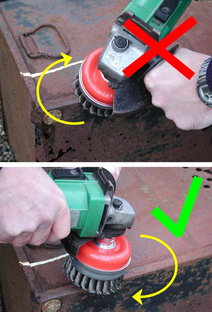 Bristles of a wire brush should travel out over the edge of the workpiece so they don't catch in the edge.