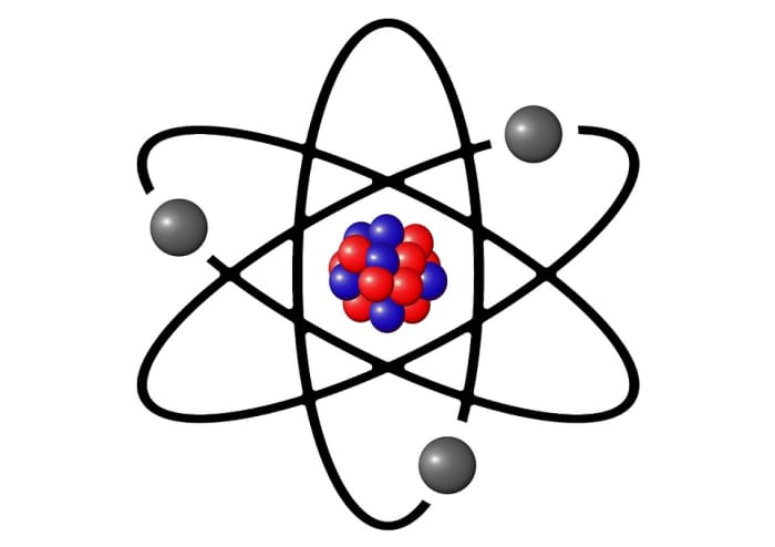 Conceptual image of atom with protons and neutrons in the central nucleus and electrons in outer orbitals