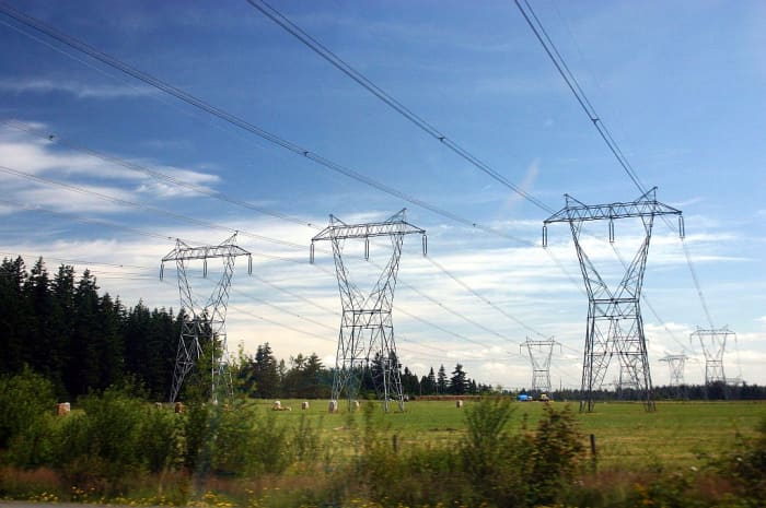 Three-phase power lines. Each overhead line is a single phase.