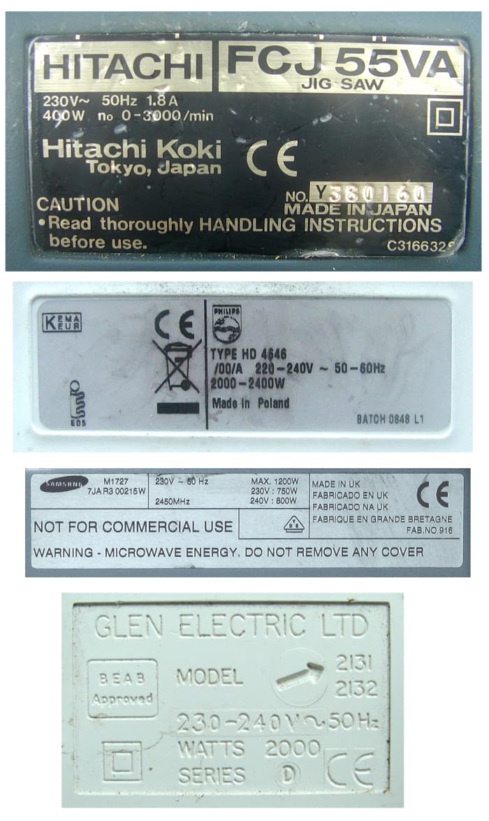 Typical electrical appliance labels/panels indicating voltage and current rating, power rating and frequency in hertz.