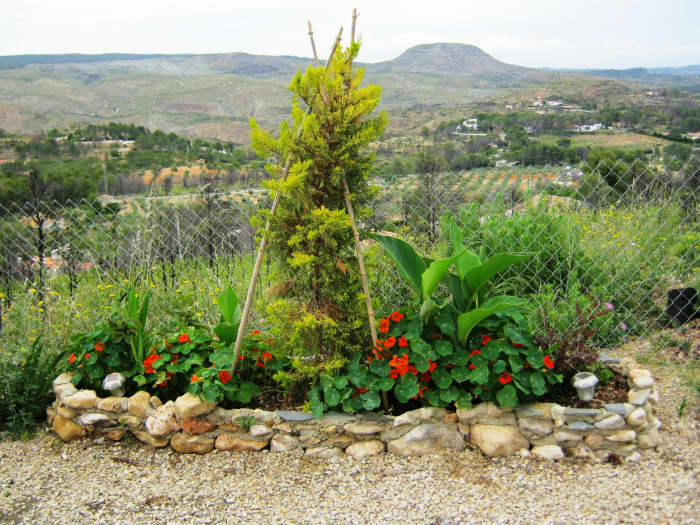 After a wildfire destroyed all the trees lining the track leading to my house I built a lot of field stone planters to pretty everything up. They cost very little to make as I gathered all the rock from nearby fields and my own land.