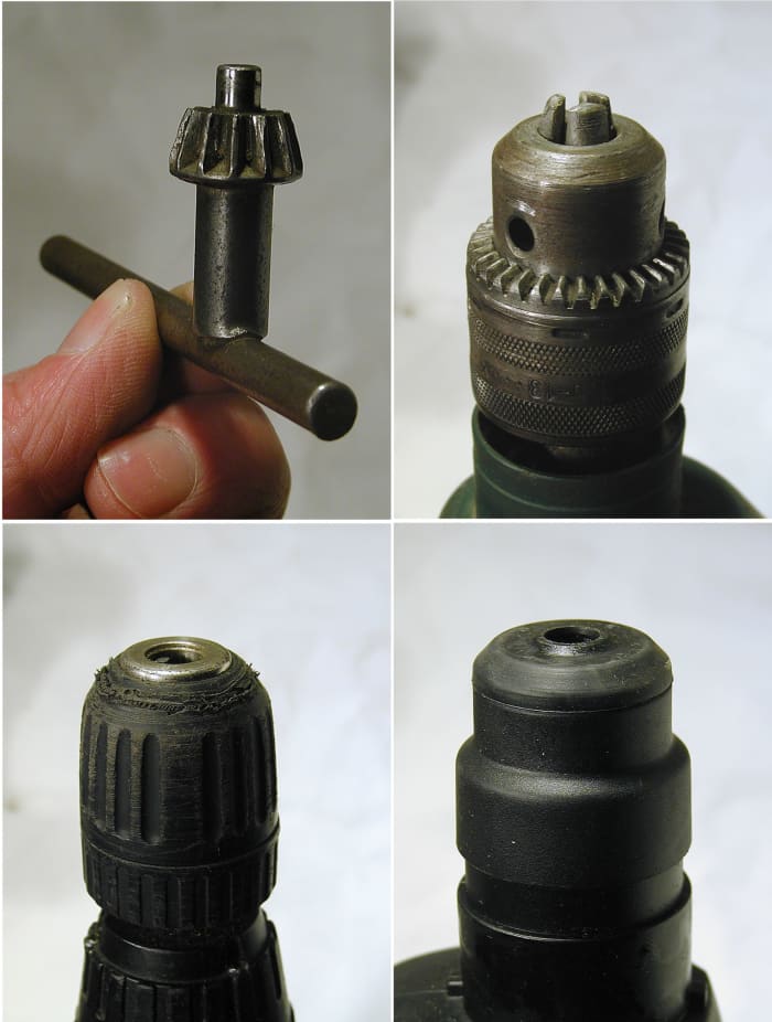 Clockwise from top: chuck key, keyed chuck, SDS chuck, and keyless chuck (hand-tightened).