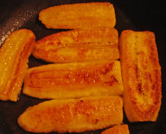 Pan-fried slices of mature plantain, a sweet treat that goes well with almost any meal. They are commonly served with breakfast in Central America.