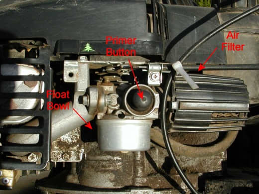 The breather, a vent to the oil containing sump on the underside of the engine, is usually on the side of the engine adjacent to the air filter and carburetor. Keep it upright to avoid an oil leak