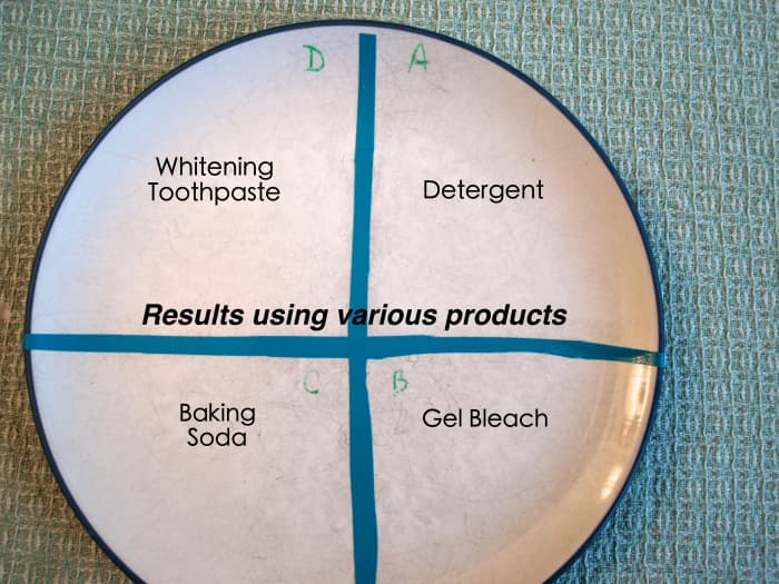 To clean the scuffs off of my dishes, I tested four different products. Here is a picture of the results.