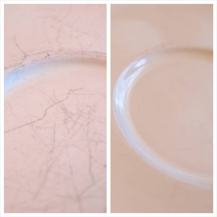 Before and after using whitening toothpaste to remove scuff marks from dishes that had not been used as much (like the saucers).