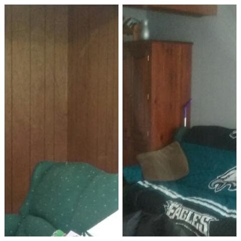 Before and after of downstairs playroom...going from ugly 1970s paneling to a more comfortable space.
