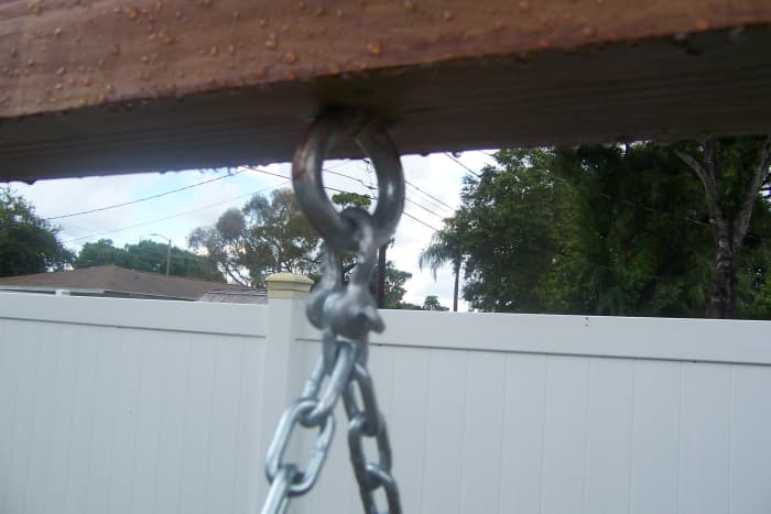 Close-up of the ring bolt, clevis, and chain attachment to cross frame. It also shows how the chain is attached to the ring bolt with the clevis.