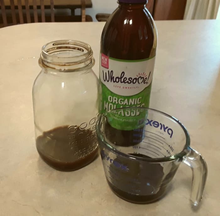Wholesome Sweeteners makes a wonderful and nutritious molasses. I measured only to verify the recipe for the sake of accuracy, but once you get the hang of it, you will be able to add a good-sized dollop instead.