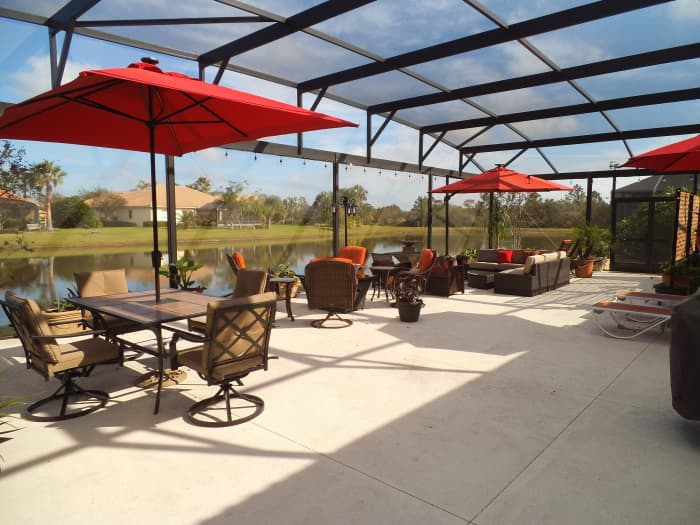 We've furnished the space and now use it daily. We eat our meals out there, relax by the fire, or lounge by the water.