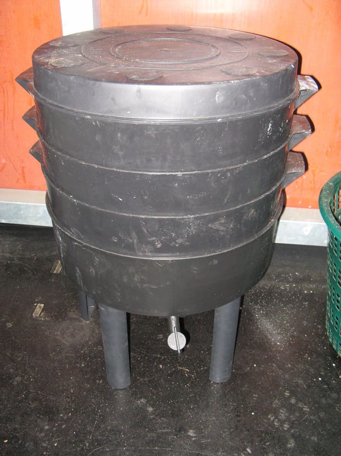 You can purchase vermicomposters from online retailers. Note the faucet at the bottom to collect liquid.