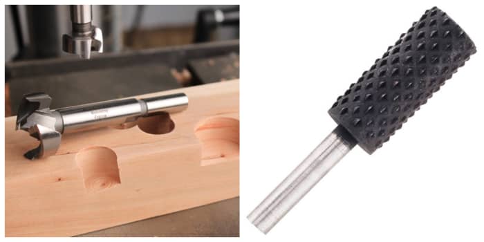 On the left, you'll see the Forstner bit, which cuts the holes. on the right is a rotary rasp file, which you can use to sand the inside of the hole to the right width.