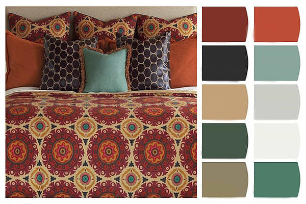 Pull inspiration from colors in your bedding to create a soothing color scheme guaranteed to produce sweet dreams. Utilize your existing bedding or find an ensemble reminiscent of an exotic locale.