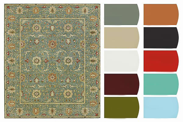Consider the colors from a rug that you love. Rugs ground a room and delineate space. A Persian area rug with muted florals can set the tone for an entire room.