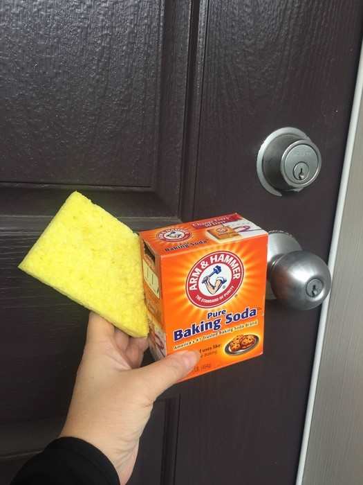 A mixture of baking soda and water is a cheap and easy way to give your front door a good cleaning.