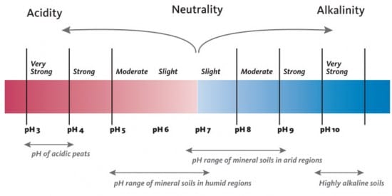 This pH scalegoes from 0 to 14; 7 represents neutral. A pH from 7 to 0 means your soil is acidic; pH from 7 to 14 means it is alkaline.
