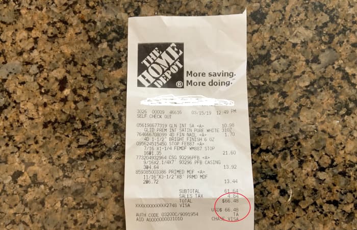 This is our receipt from Home Depot. The total was $66.48. We also had to buy a $2 tube of paintable caulk.