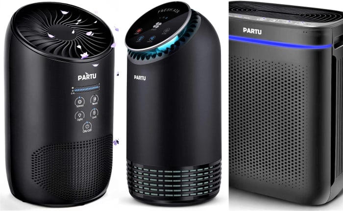Partu Air Purifiers: Model BS-03 (left), Model BS-08 (center), and Model BS-10 (right)
