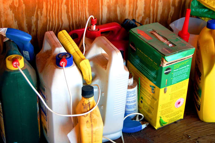 Pesticides, fertliizers, cleansers, and other products containing dangerous chemicals should be stored carefully and kept out of reach of children and pets.